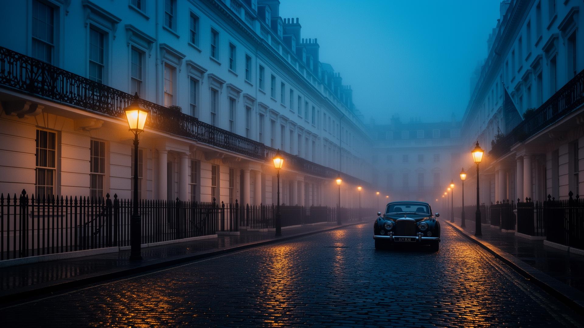 Iconic Mayfair street at dusk